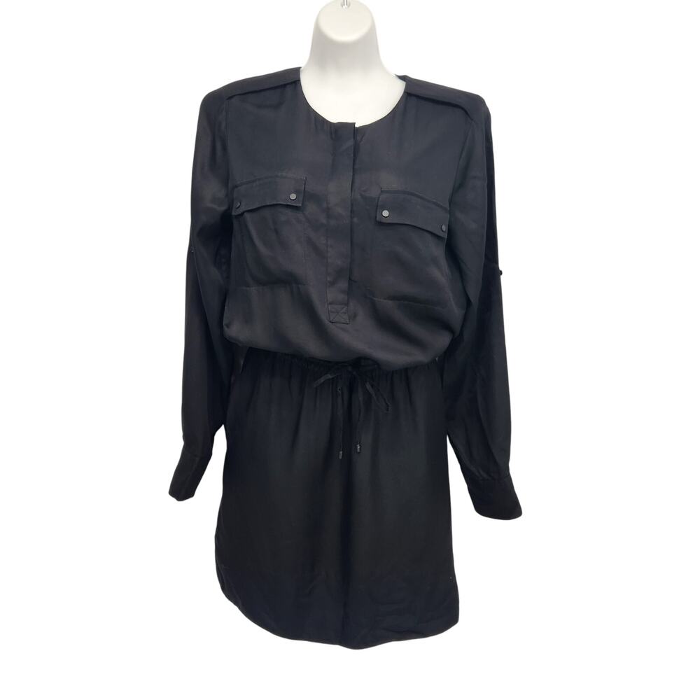 Vince Satin Black‎ Dress Long Sleeve Drawstring Bloused Shirt Dress Women's L